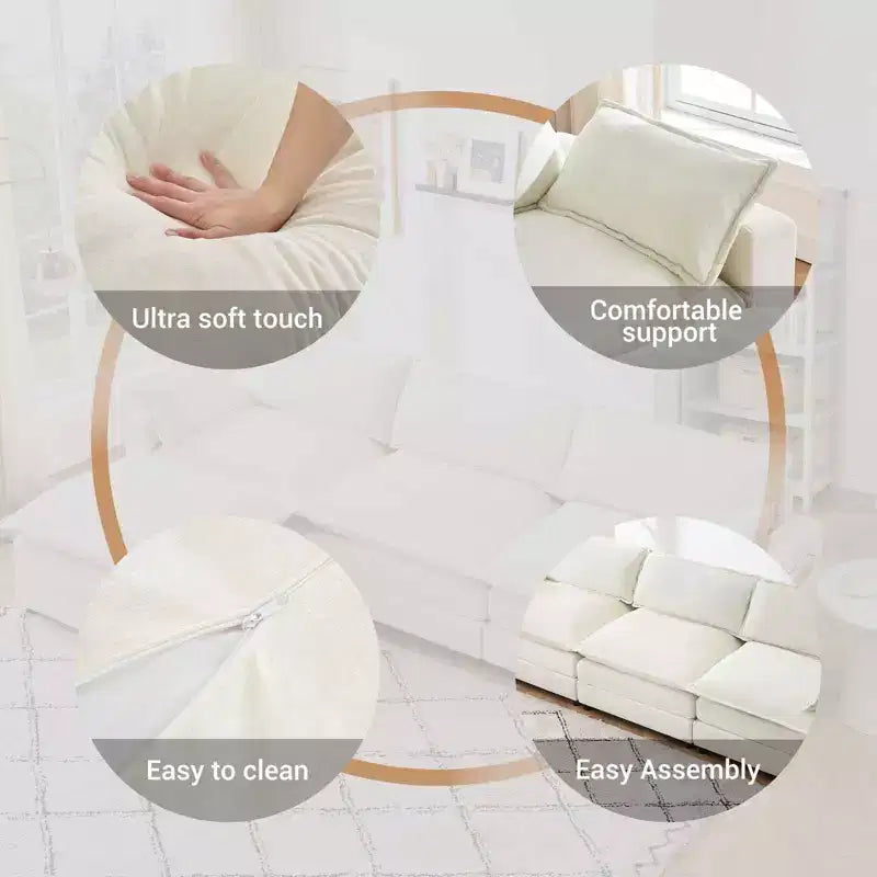 Canapé d'angle modulable 4 pièces avec pouf et poches latérales – Tissu chenille et fausse fourrure, beige