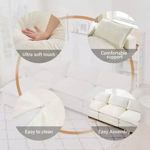Canapé d'angle modulable 4 pièces avec pouf et poches latérales – Tissu chenille et fausse fourrure, beige
