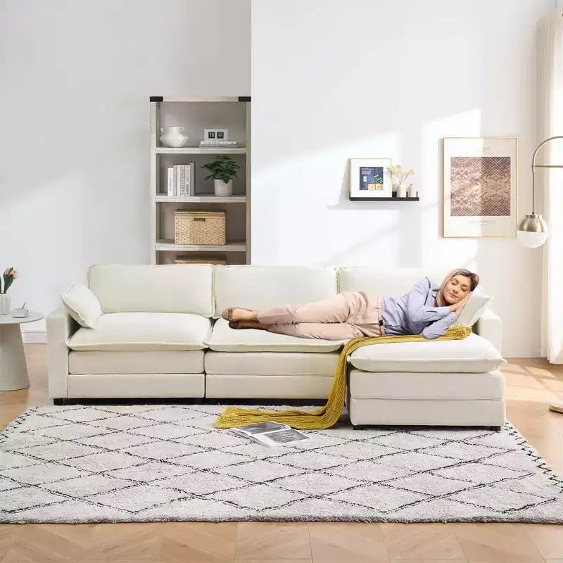 Canapé d'angle modulable 4 pièces avec pouf et poches latérales – Tissu chenille et fausse fourrure, beige