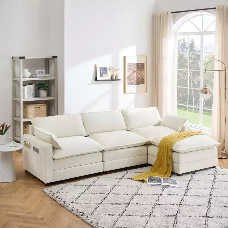 Canapé d'angle modulable 4 pièces avec pouf et poches latérales – Tissu chenille et fausse fourrure, beige