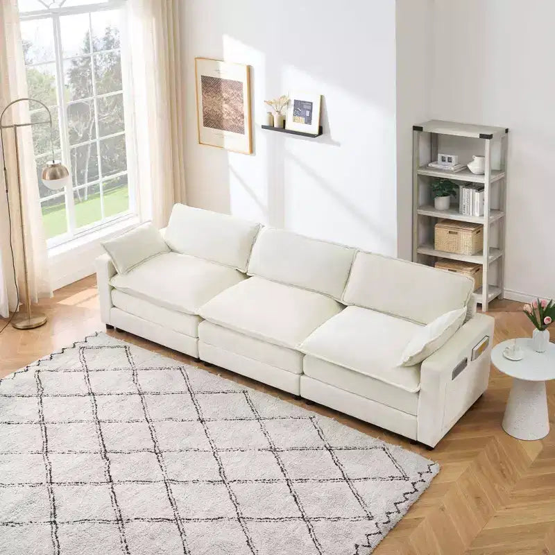 Canapé d'angle modulable 4 pièces avec pouf et poches latérales – Tissu chenille et fausse fourrure, beige