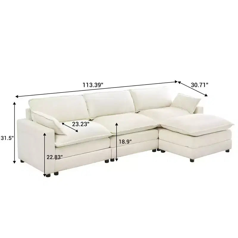 Canapé d'angle modulable 4 pièces avec pouf et poches latérales – Tissu chenille et fausse fourrure, beige