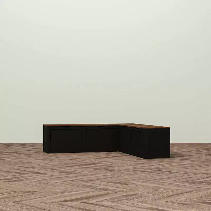 Banc de rangement d'angle en L avec couvercle relevable – Finition blanc et chêne