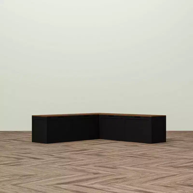 Banc de rangement d'angle en L avec couvercle relevable – Finition blanc et chêne