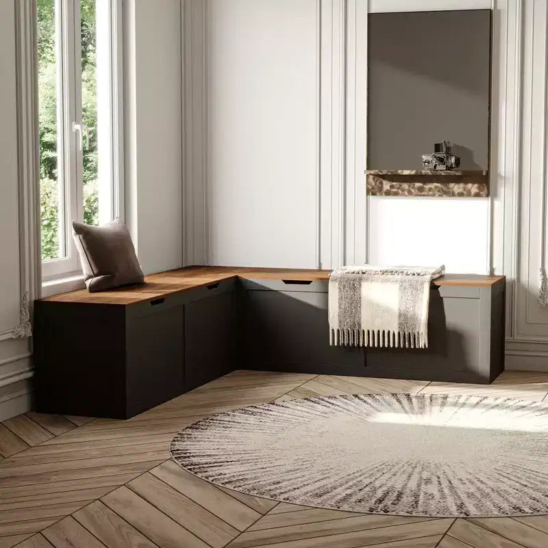 Banc de rangement d'angle en L avec couvercle relevable – Finition blanc et chêne