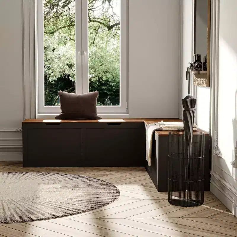 Banc de rangement d'angle en L avec couvercle relevable – Finition blanc et chêne