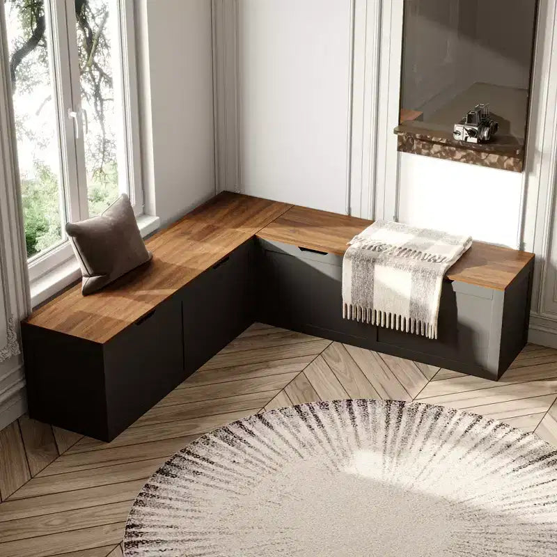 Banc de rangement d'angle en L avec couvercle relevable – Finition blanc et chêne