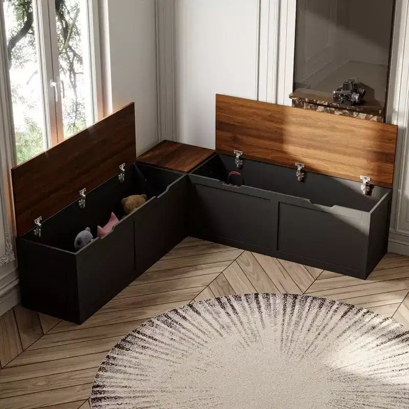 Banc de rangement d'angle en L avec couvercle relevable – Finition blanc et chêne