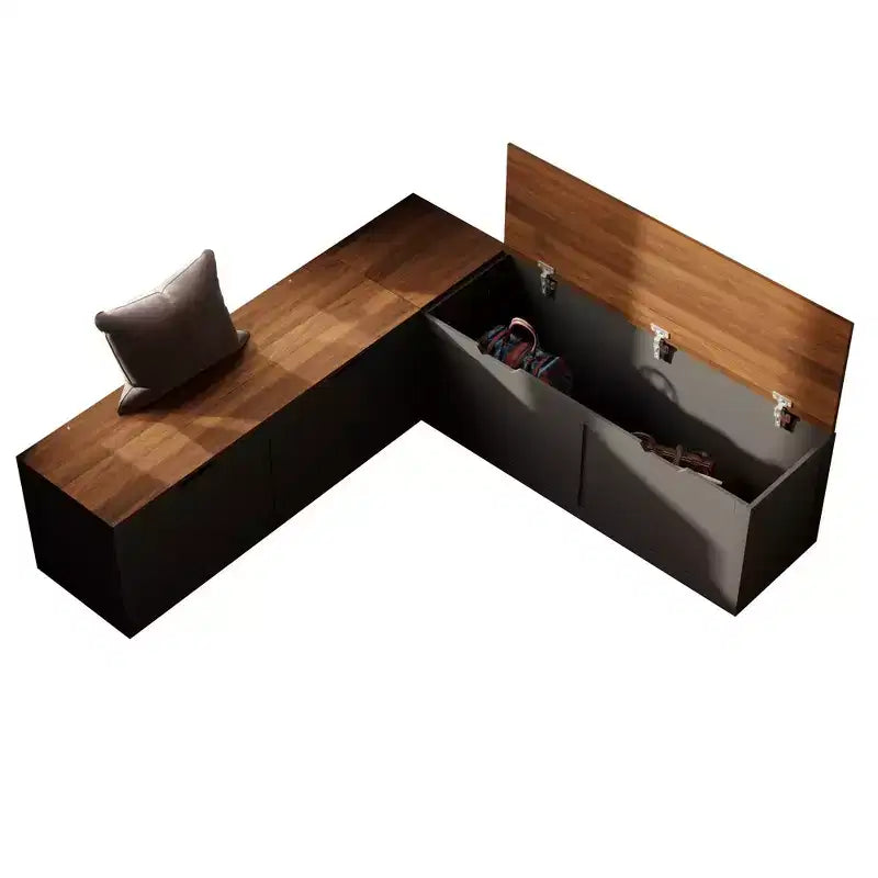 Banc de rangement d'angle en L avec couvercle relevable – Finition blanc et chêne