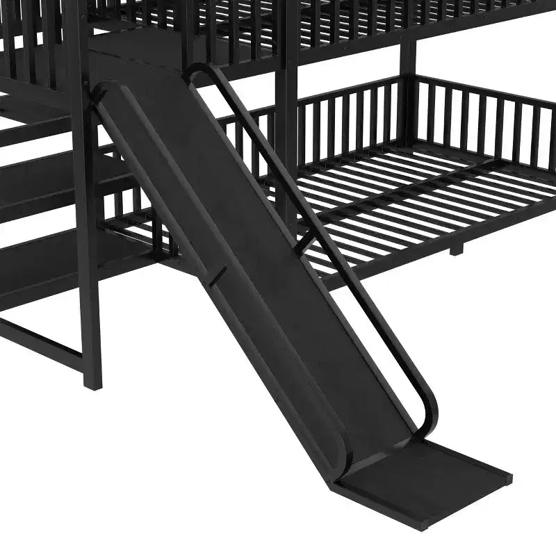 Lit superposé maison jumeau/double en métal avec escalier de rangement, toboggan et barrières de sécurité – Noir