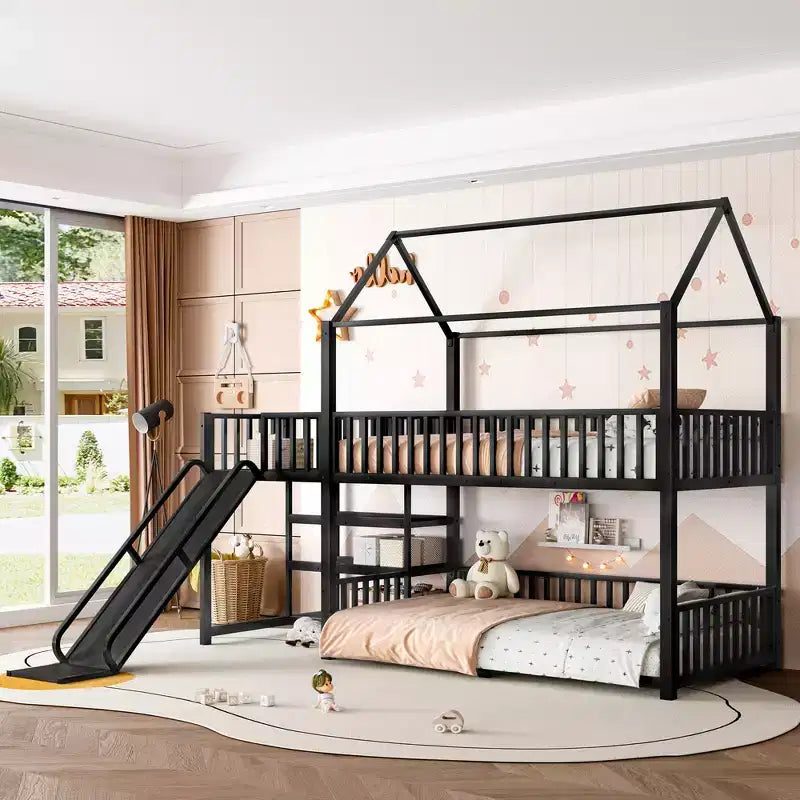 Lit superposé maison jumeau/double en métal avec escalier de rangement, toboggan et barrières de sécurité – Noir