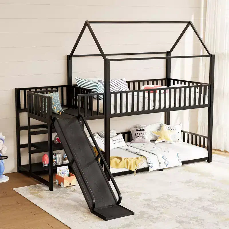 Lit superposé maison jumeau/double en métal avec escalier de rangement, toboggan et barrières de sécurité – Noir