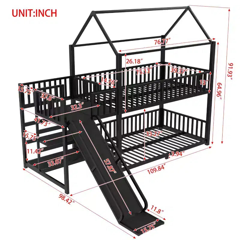 Lit superposé maison jumeau/double en métal avec escalier de rangement, toboggan et barrières de sécurité – Noir