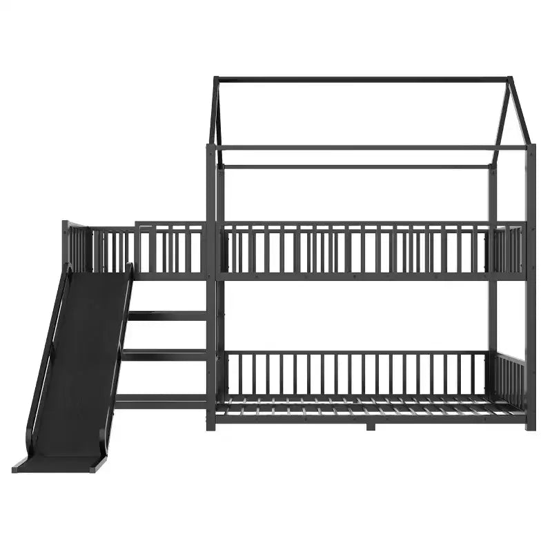 Lit superposé maison jumeau/double en métal avec escalier de rangement, toboggan et barrières de sécurité – Noir