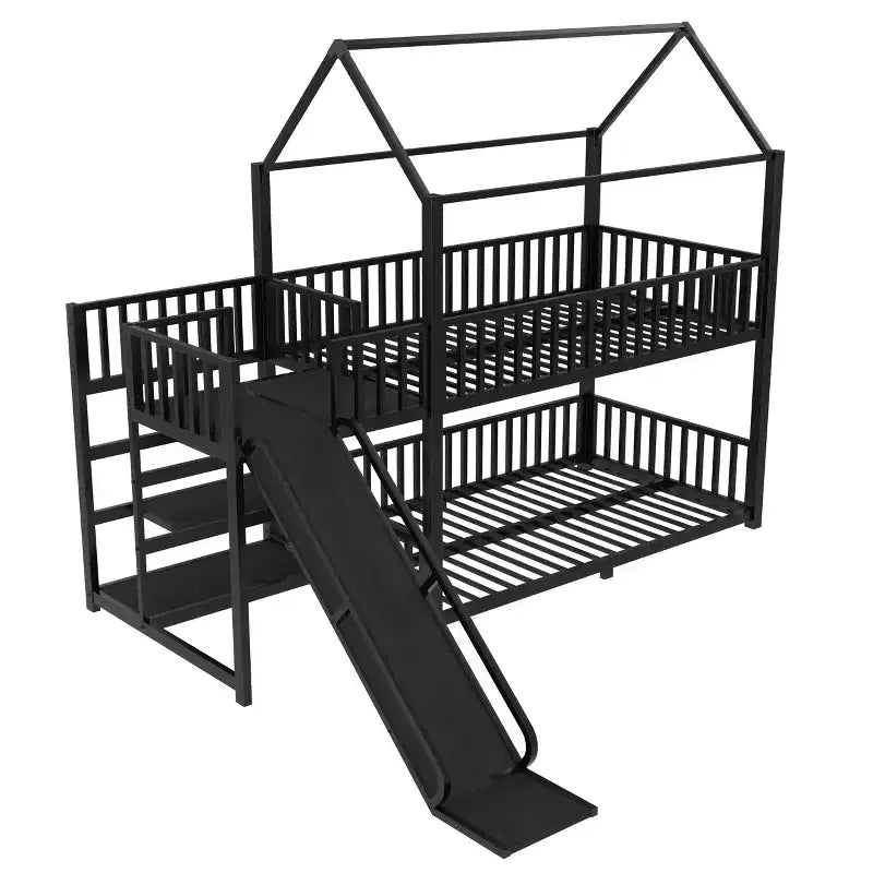 Lit superposé maison jumeau/double en métal avec escalier de rangement, toboggan et barrières de sécurité – Noir
