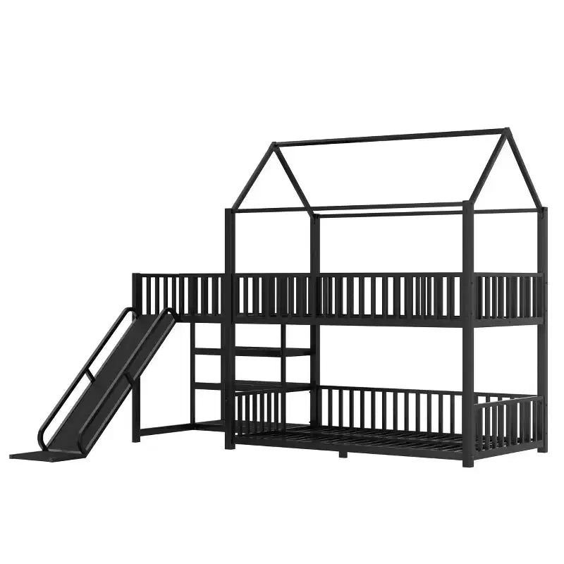 Lit superposé maison jumeau/double en métal avec escalier de rangement, toboggan et barrières de sécurité – Noir