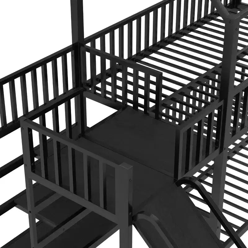 Lit superposé maison jumeau/double en métal avec escalier de rangement, toboggan et barrières de sécurité – Noir