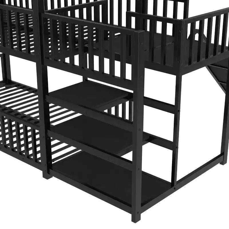 Lit superposé maison jumeau/double en métal avec escalier de rangement, toboggan et barrières de sécurité – Noir