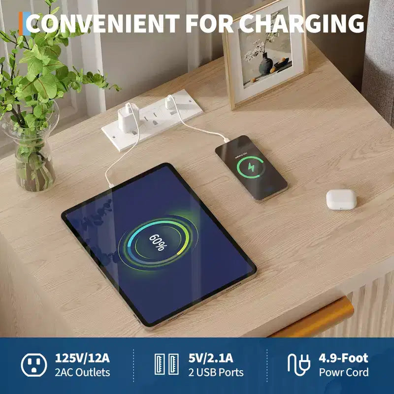 Table de chevet cannelée avec station de recharge et tiroirs