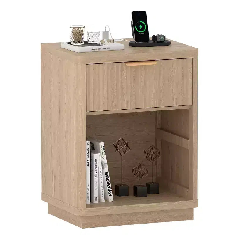 Table de chevet cannelée avec station de recharge et tiroirs