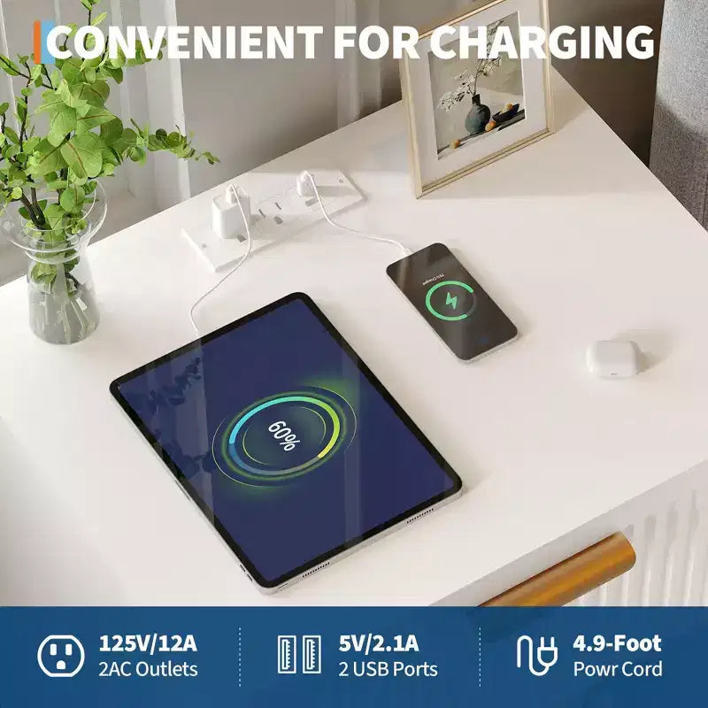 Table de chevet cannelée avec station de recharge et tiroirs