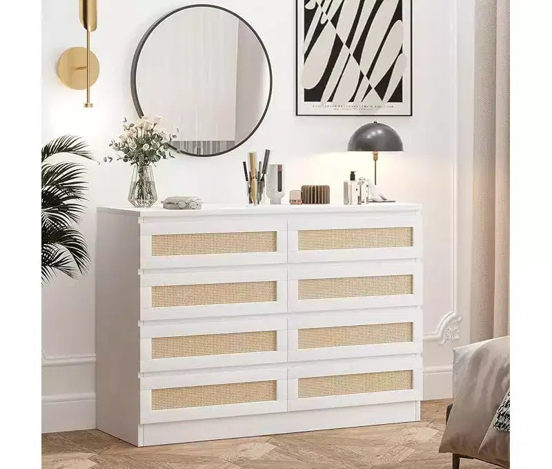 Commode en rotin à 8 tiroirs avec plateau large