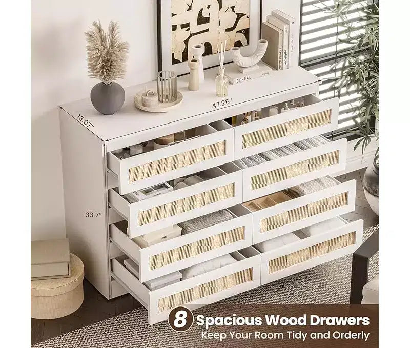 Commode en rotin à 8 tiroirs avec plateau large