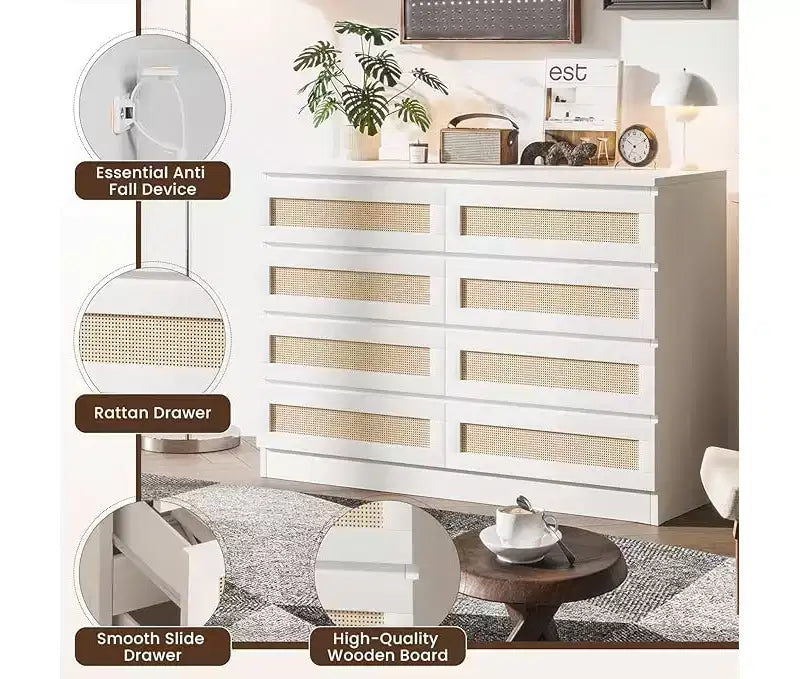 Commode en rotin à 8 tiroirs avec plateau large