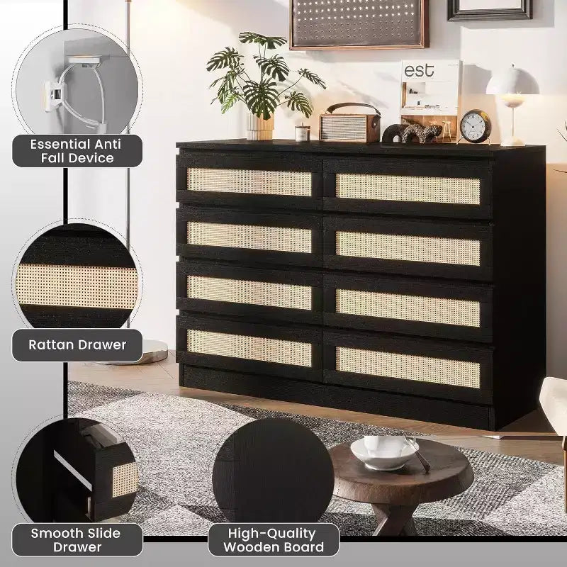 Commode en rotin à 8 tiroirs avec plateau large