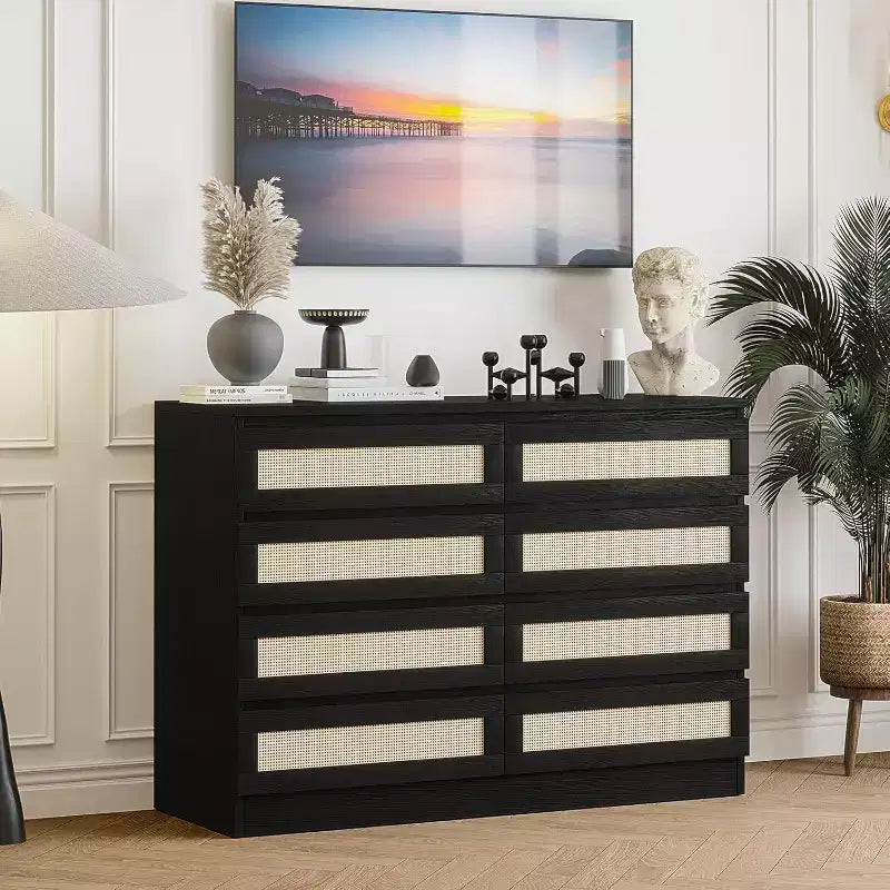 Commode en rotin à 8 tiroirs avec plateau large