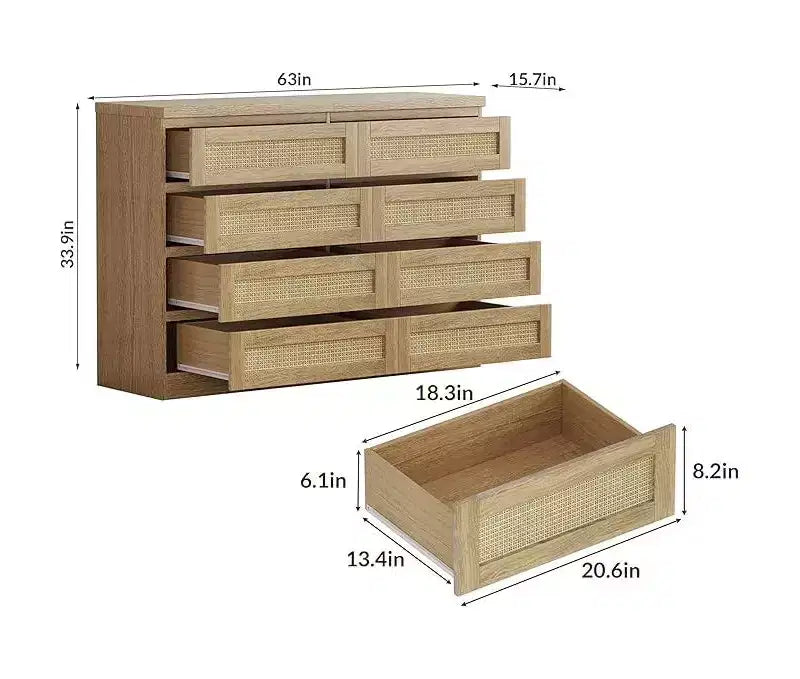 Commode en rotin à 8 tiroirs avec plateau large
