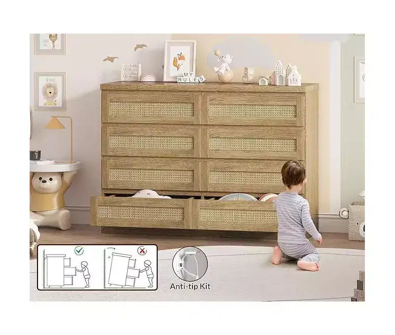 Commode en rotin à 8 tiroirs avec plateau large