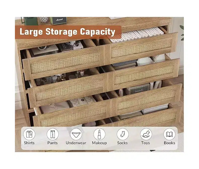Commode en rotin à 8 tiroirs avec plateau large