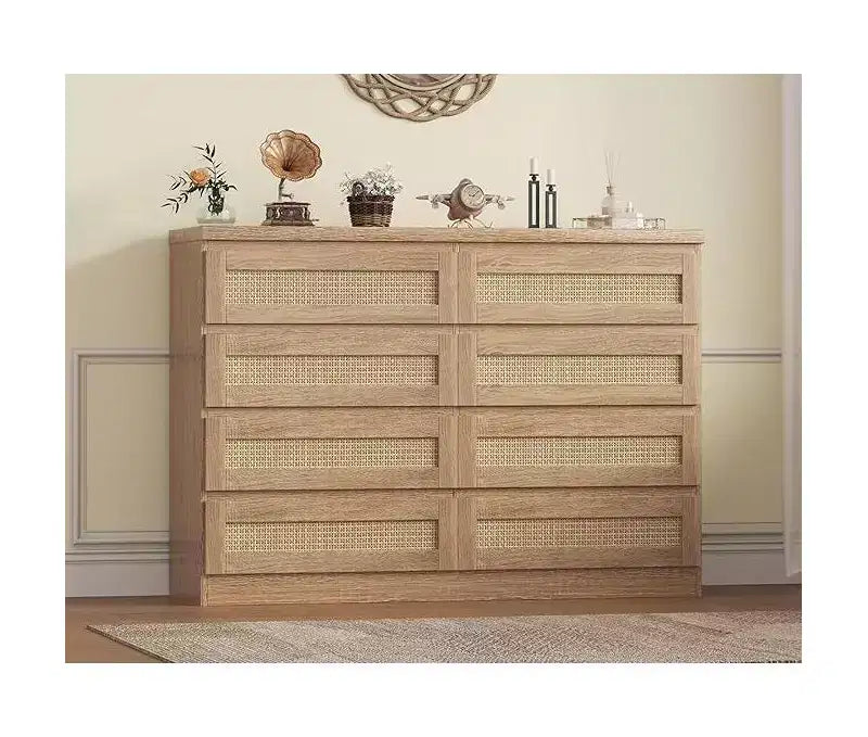 Commode en rotin à 8 tiroirs avec plateau large