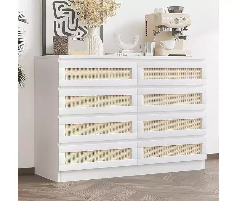 Commode en rotin à 8 tiroirs avec plateau large