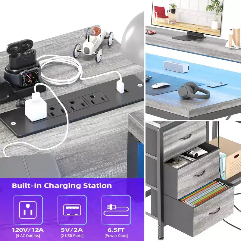 Bureau d'angle en L avec éclairage RVB, prises électriques, tiroirs et étagères