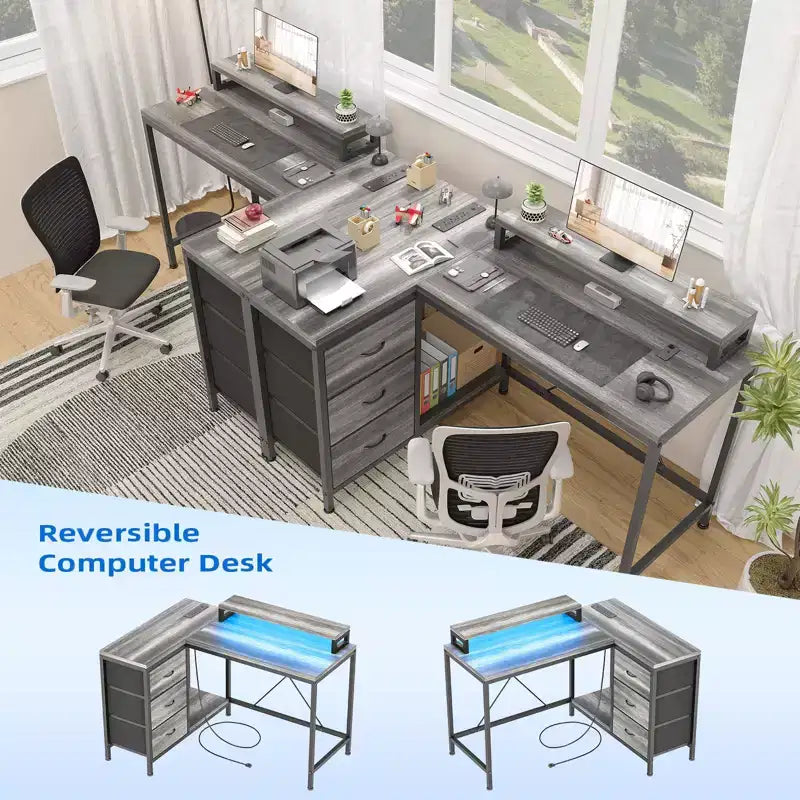 Bureau d'angle en L avec éclairage RVB, prises électriques, tiroirs et étagères