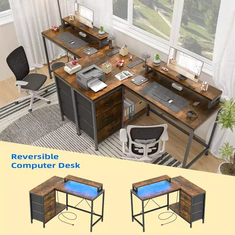 Bureau d'angle en L avec éclairage RVB, prises électriques, tiroirs et étagères