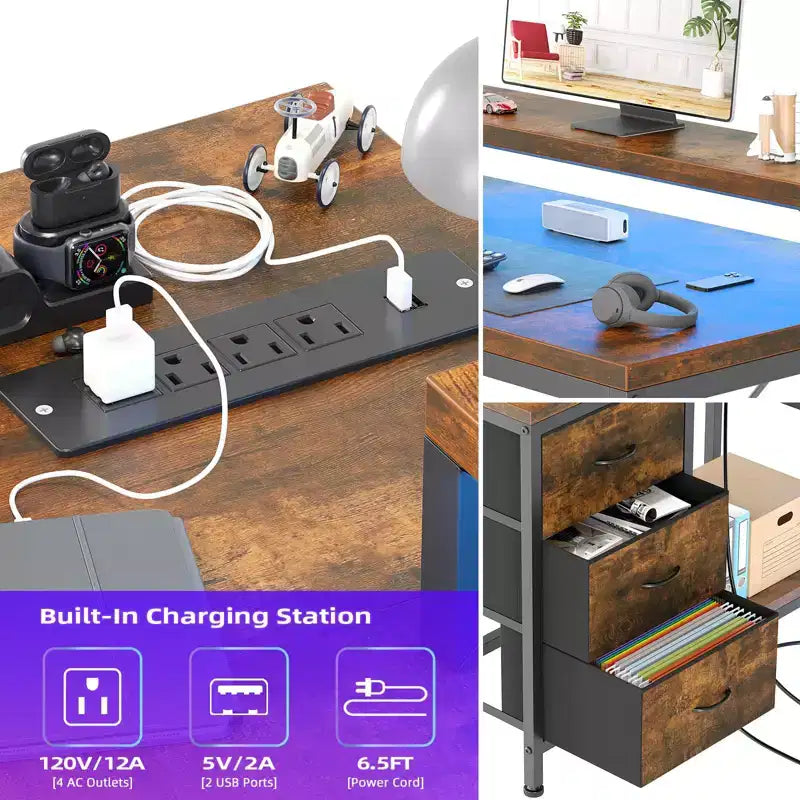 Bureau d'angle en L avec éclairage RVB, prises électriques, tiroirs et étagères