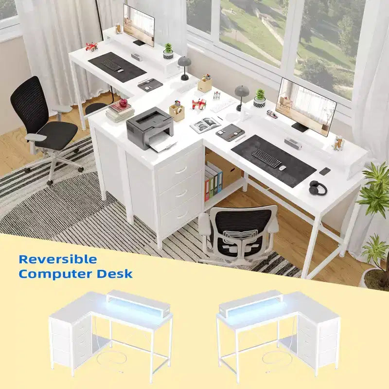 Bureau d'angle en L avec éclairage RVB, prises électriques, tiroirs et étagères