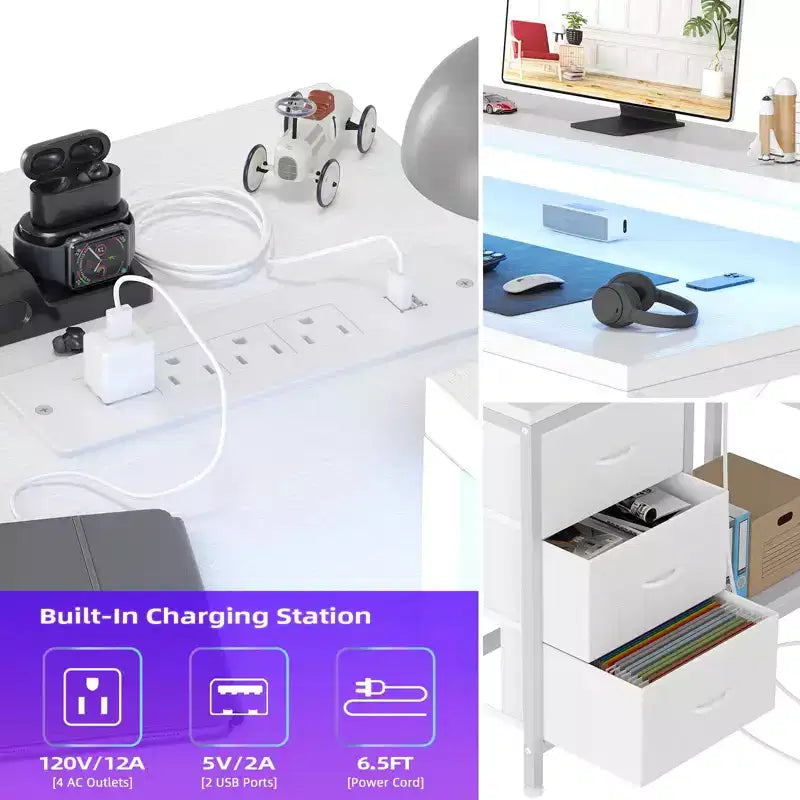 Bureau d'angle en L avec éclairage RVB, prises électriques, tiroirs et étagères