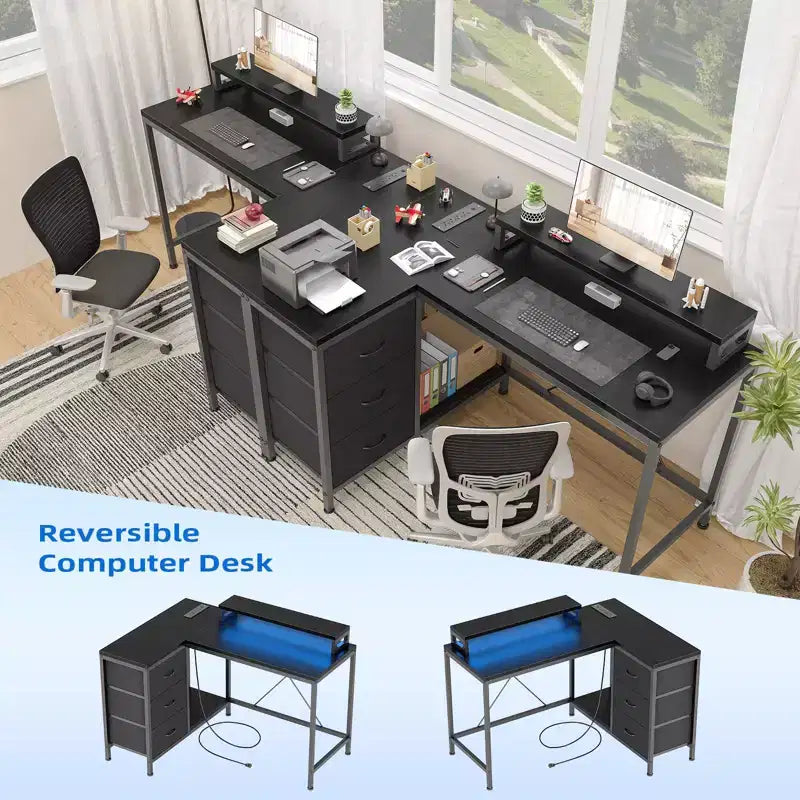 Bureau d'angle en L avec éclairage RVB, prises électriques, tiroirs et étagères