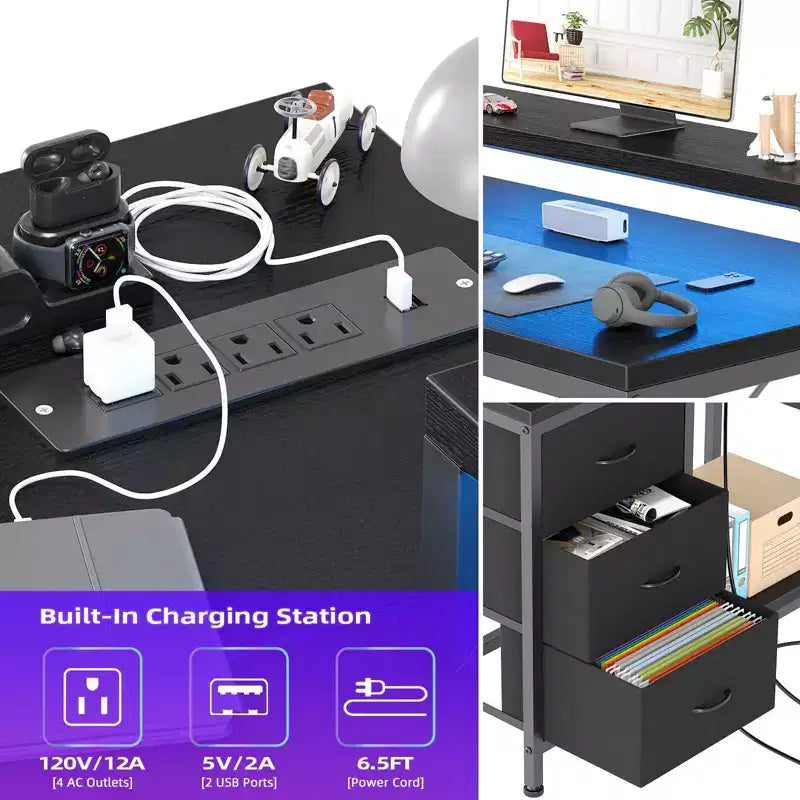 Bureau d'angle en L avec éclairage RVB, prises électriques, tiroirs et étagères