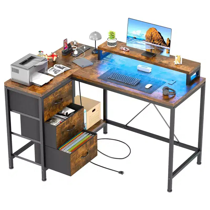 Bureau d'angle en L avec éclairage RVB, prises électriques, tiroirs et étagères