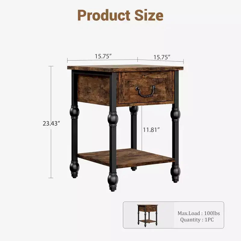 Table d'appoint industrielle avec tiroir et étagère de rangement