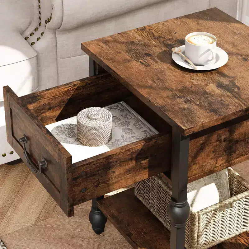 Table d'appoint industrielle avec tiroir et étagère de rangement