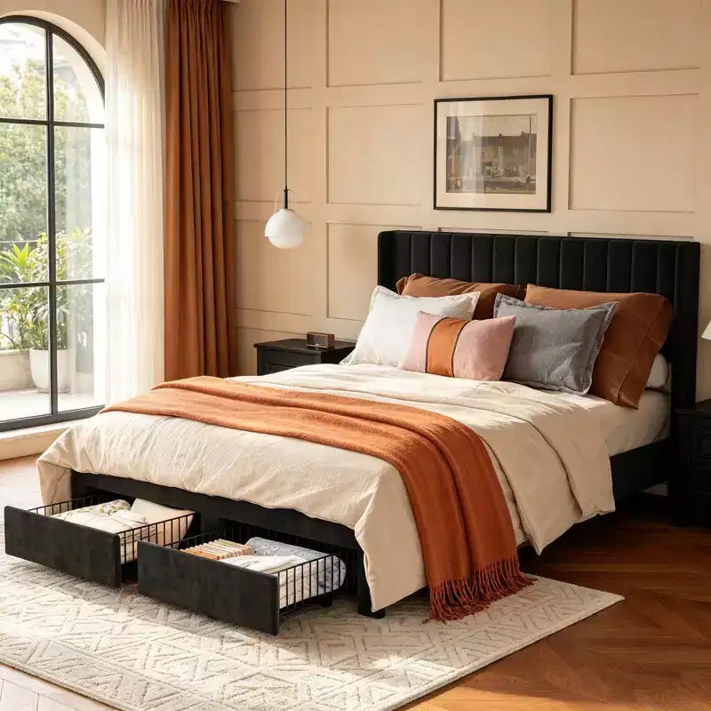 Velvet Upholstered Storage Bed Frame With 2 Footboard Drawers, Vertical Channel Headboard, No Box Spring Required