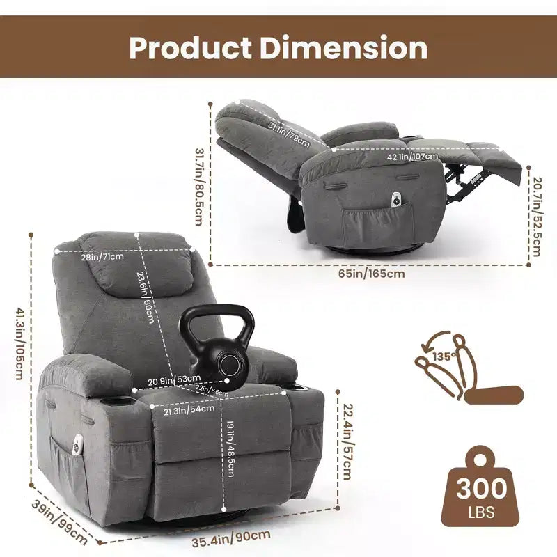 Fauteuil inclinable à bascule pivotant à 360° avec massage et chaleur