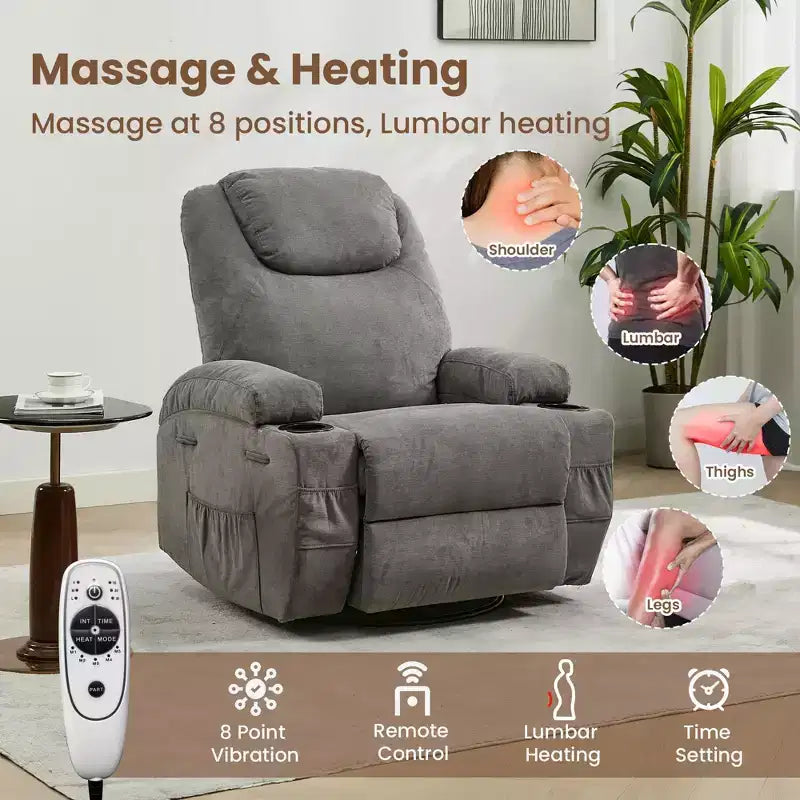 Fauteuil inclinable à bascule pivotant à 360° avec massage et chaleur
