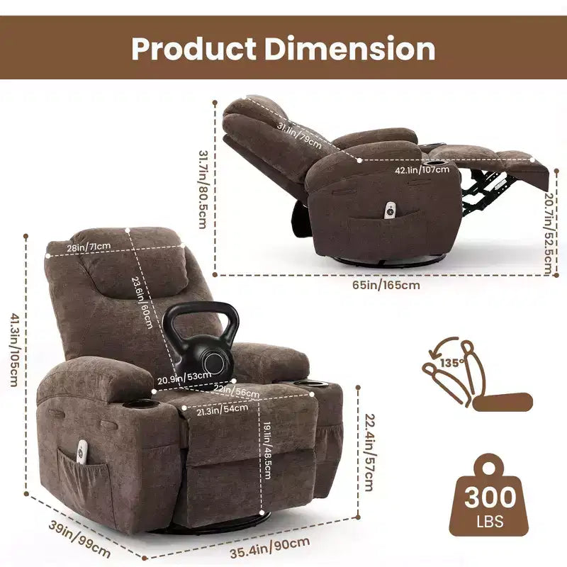 Fauteuil inclinable à bascule pivotant à 360° avec massage et chaleur